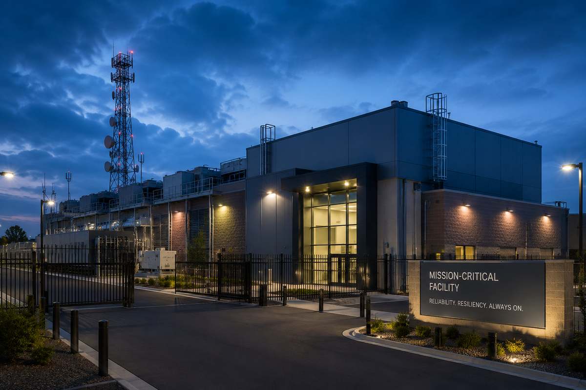 Telecom central office equipment line-ups with illuminated network racks, DC power plant, and battery strings in a mission-critical facility