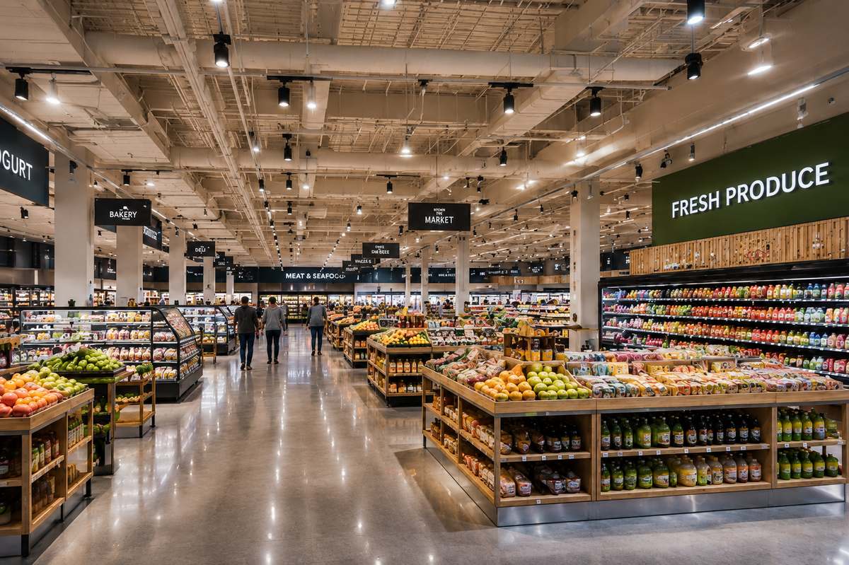 Bright, modern multi-tenant retail and mixed-use interior with clean storefronts and display lighting