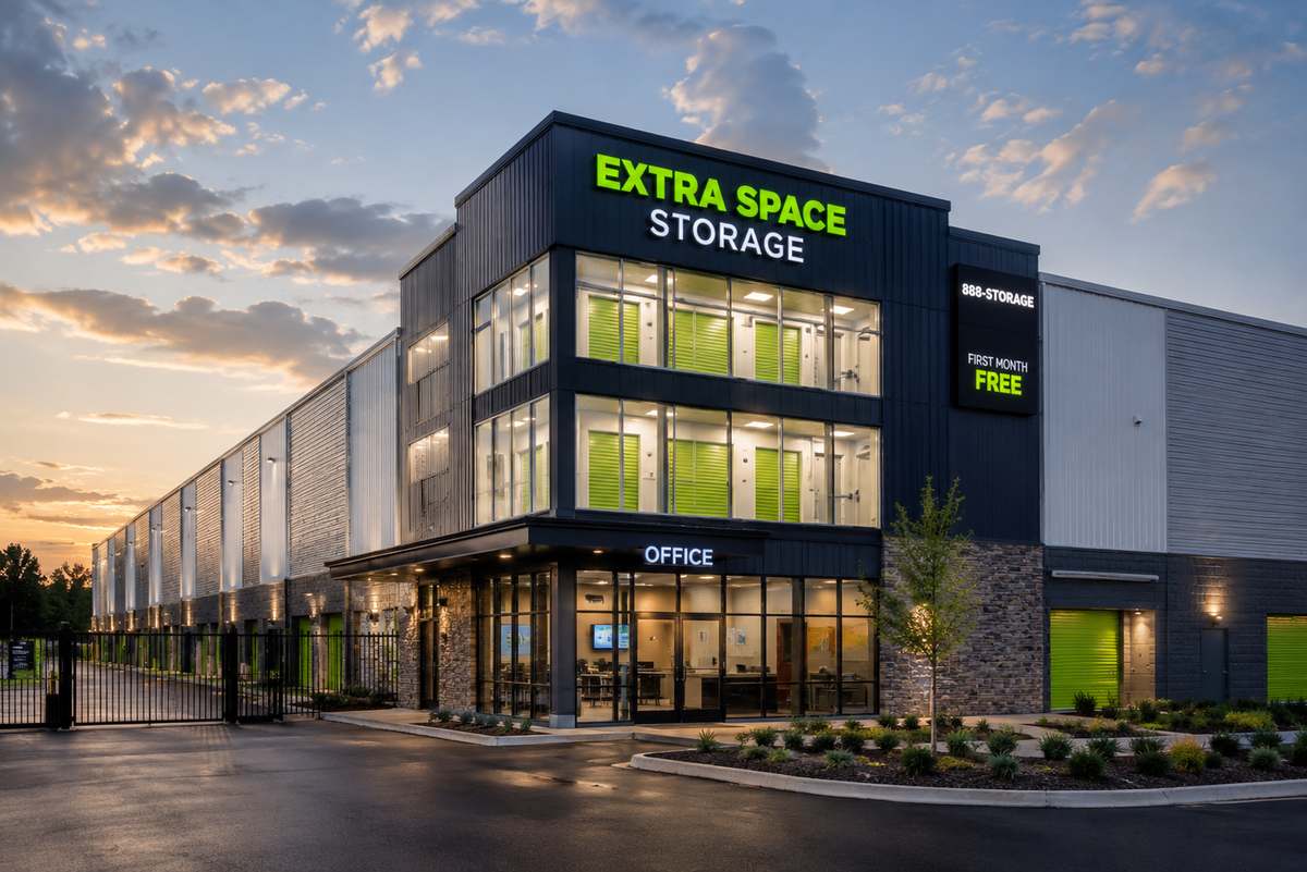 Interior corridor of a modern climate-controlled self-storage facility lined with rows of clean metal unit doors under even lighting