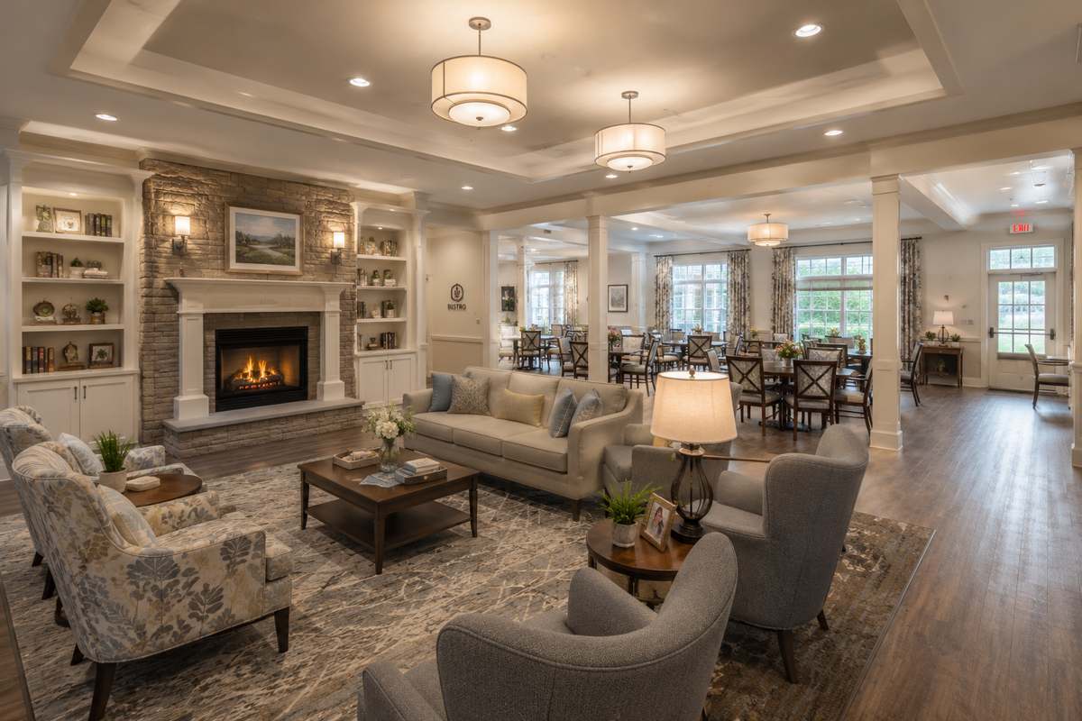 Modern, bright senior-living community lounge interior with comfortable seating and abundant natural light