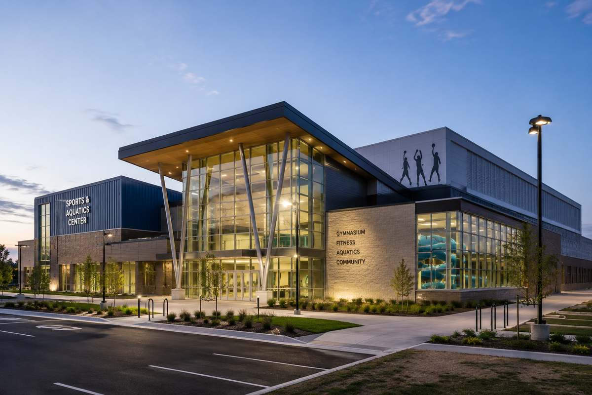 Bright modern indoor recreation facility showing a hardwood basketball court under even sports lighting beside an indoor swimming pool natatorium