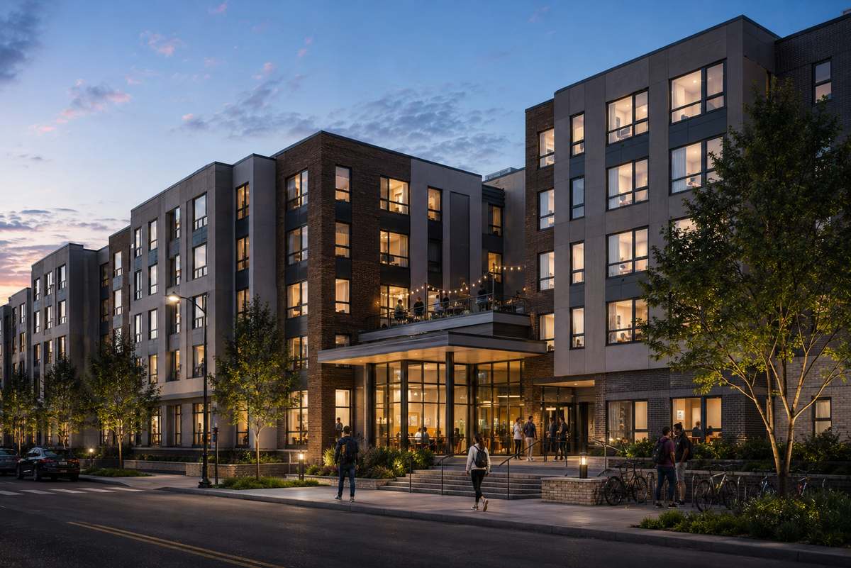Bright, modern student-housing residence-hall common lounge with comfortable seating and large windows