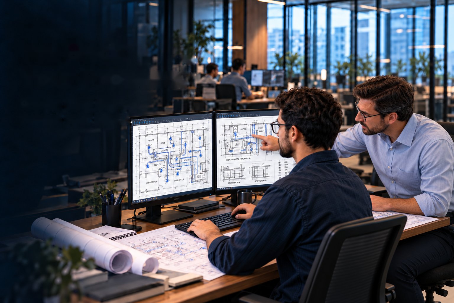 MEP designers reviewing an HVAC floor plan together on dual monitors