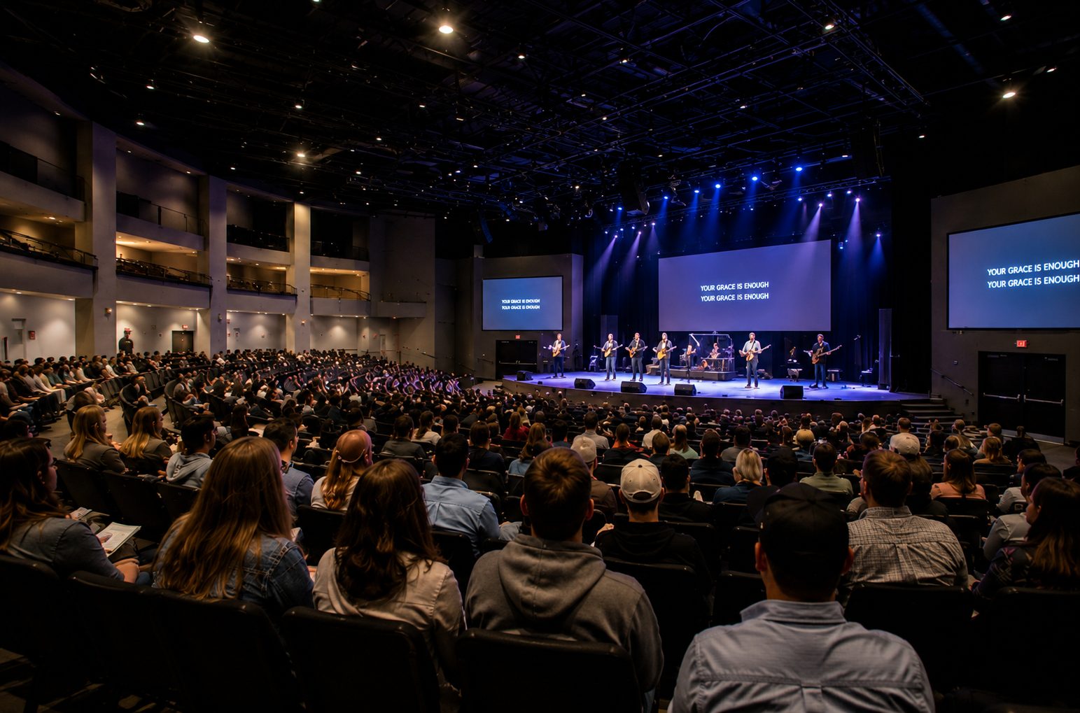 Modern worship auditorium with engineered HVAC, lighting power, and life-safety systems for large assembly