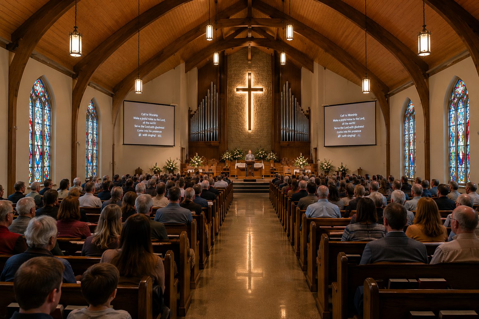 Worship center interior showcasing precision mechanical and electrical engineering for assembly occupancy