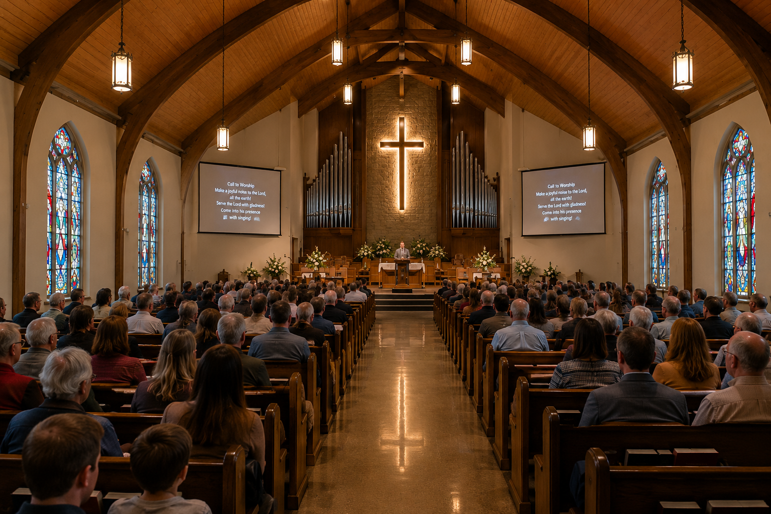 Worship center interior showcasing precision mechanical and electrical engineering for assembly occupancy